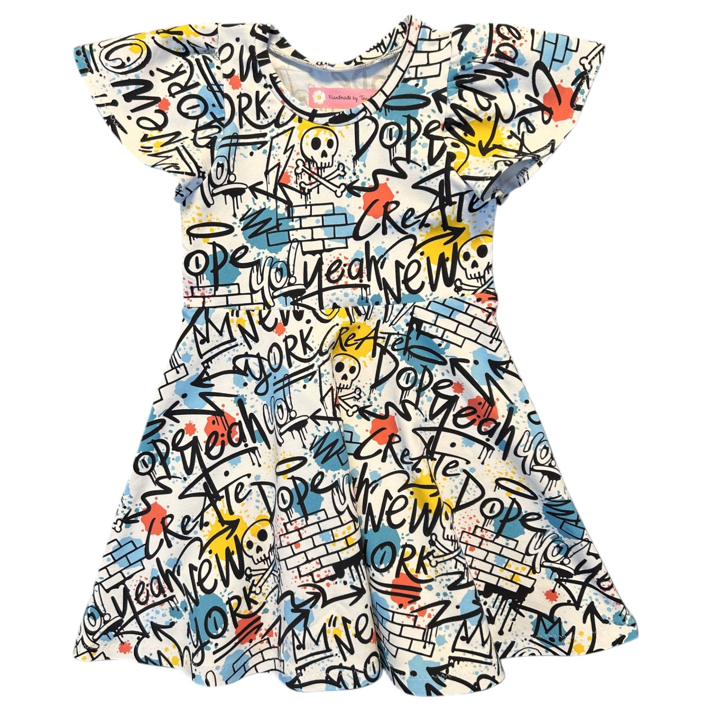 “Graffiti print girls dress – size 4” “Handmade colourful skater dress for kids”
