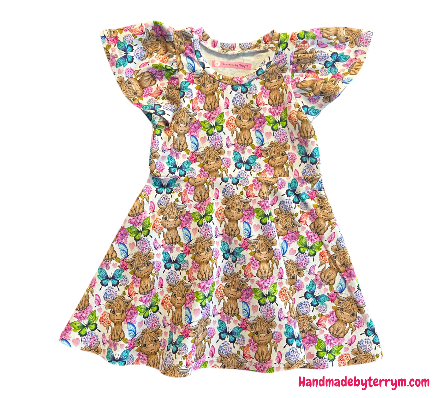 (1362) Highland Cow with Butterflies Dress - Size 5