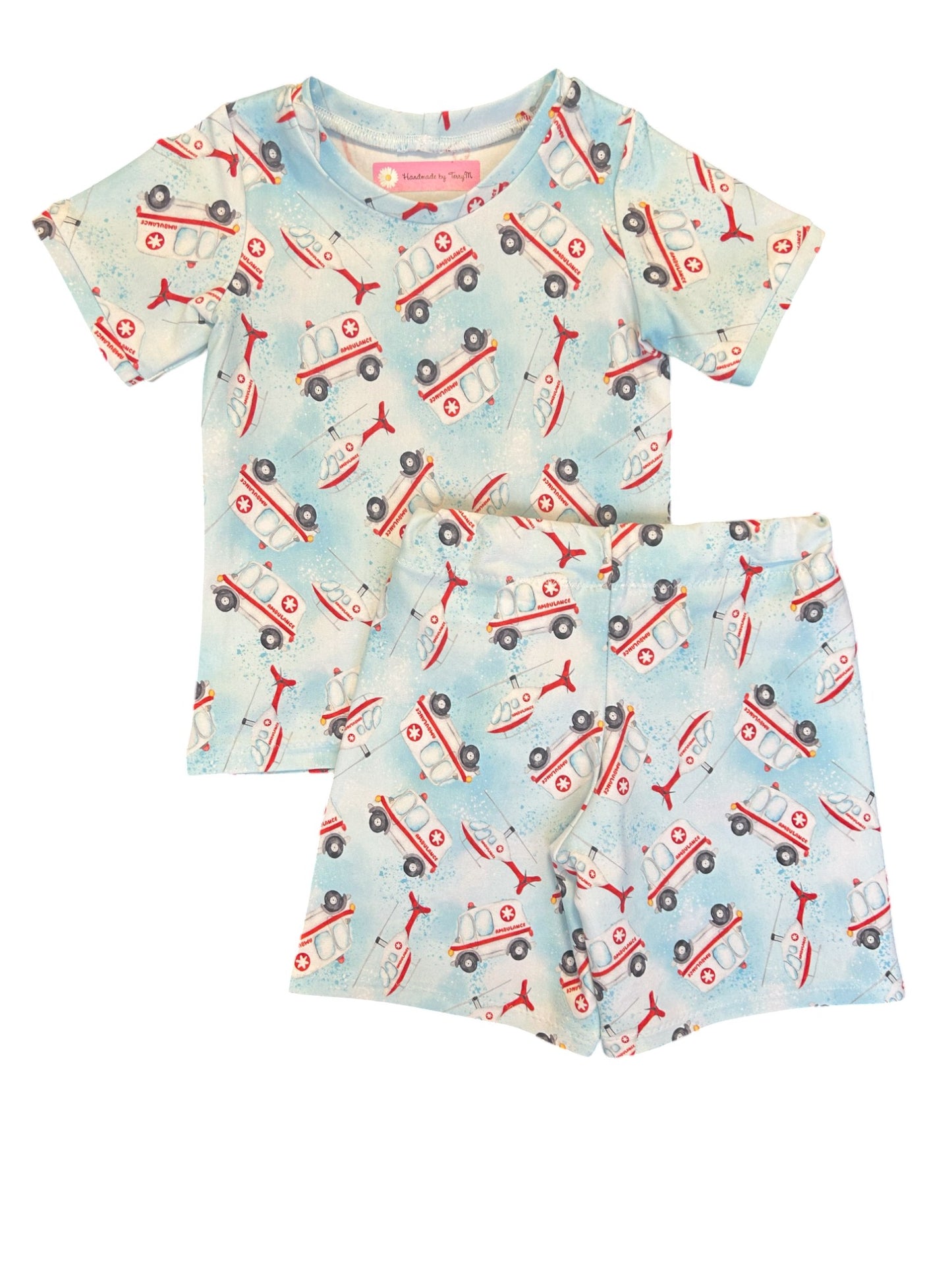 Ambulance toddler outfit – size 2
Handmade emergency vehicle T shirt and shorts set