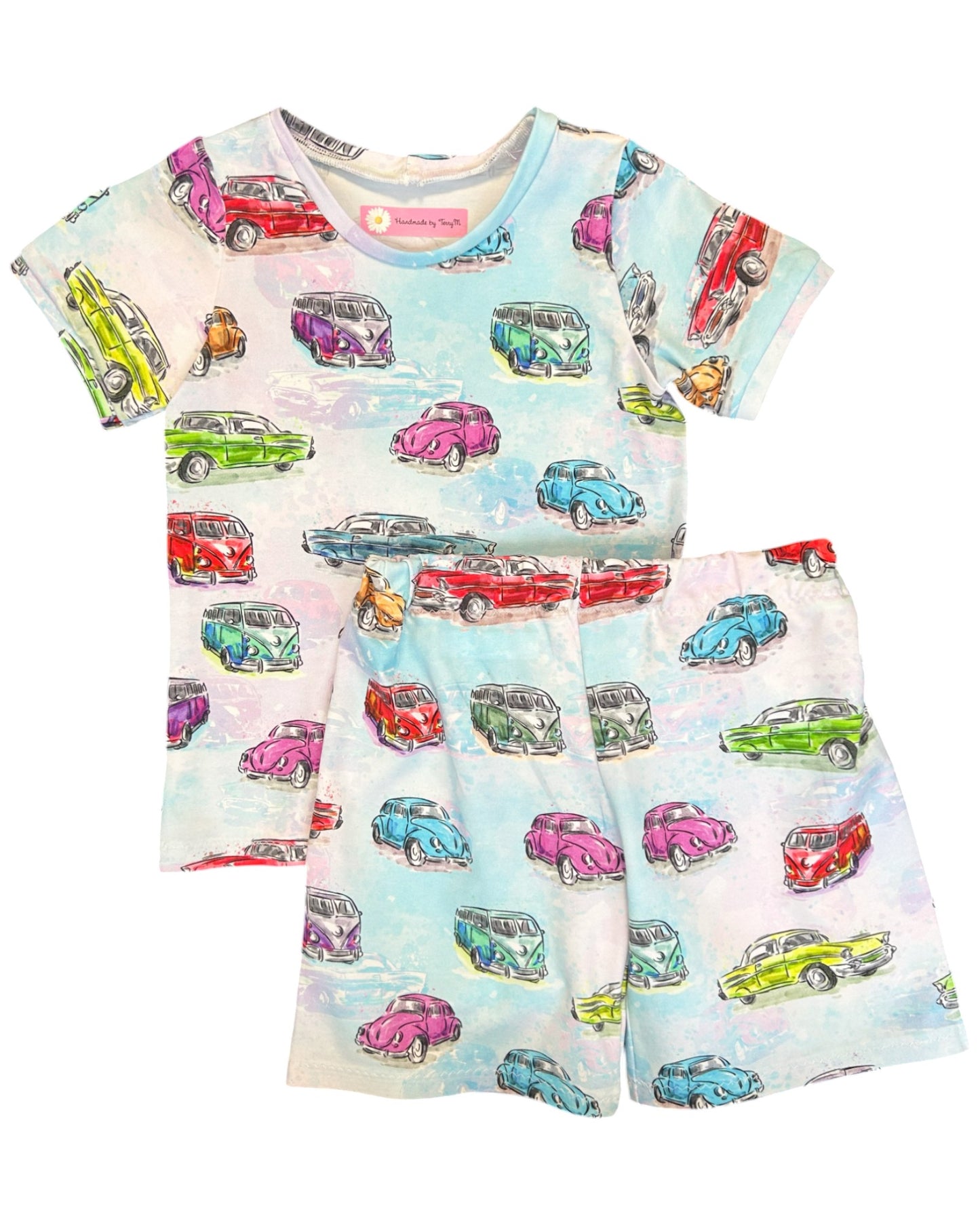 Coloured cars kids outfit – size 4
Handmade vehicle T shirt and shorts set