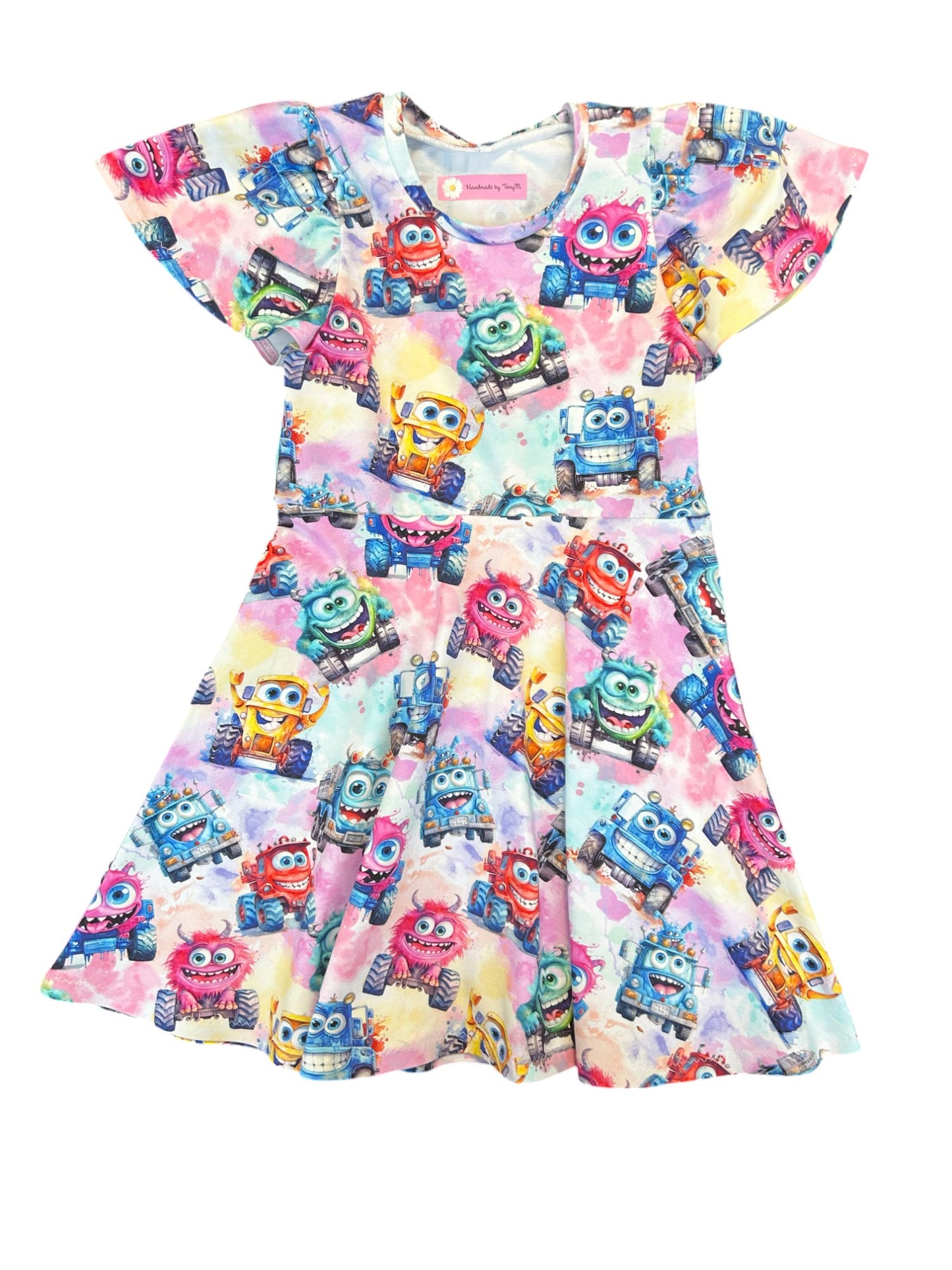 Truck print girls dress – size 6
Handmade colourful skater dress