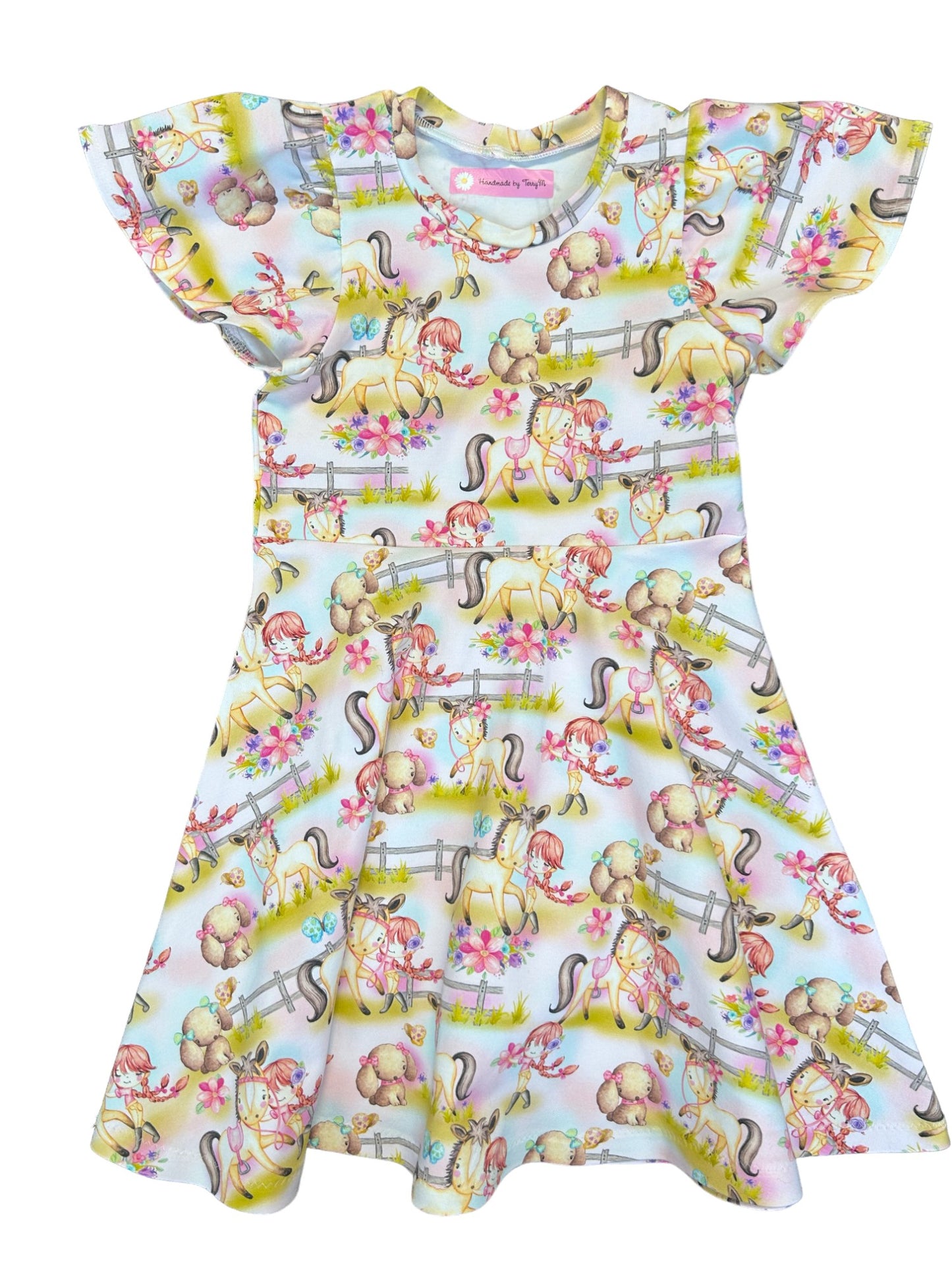 “Girl and pony print girls dress – size 5”
“Handmade animal skater dress for kids”