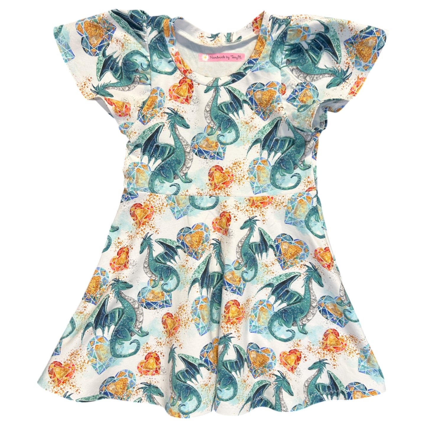 Green dragon toddler dress size 2”
“Handmade dragon print girls dress
