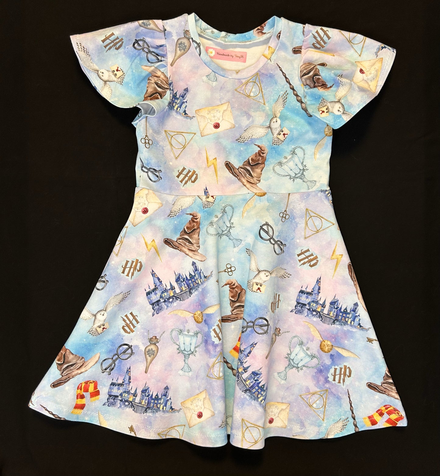 “Wizard print girls dress – size 5” “Handmade magical skater dress for kids”