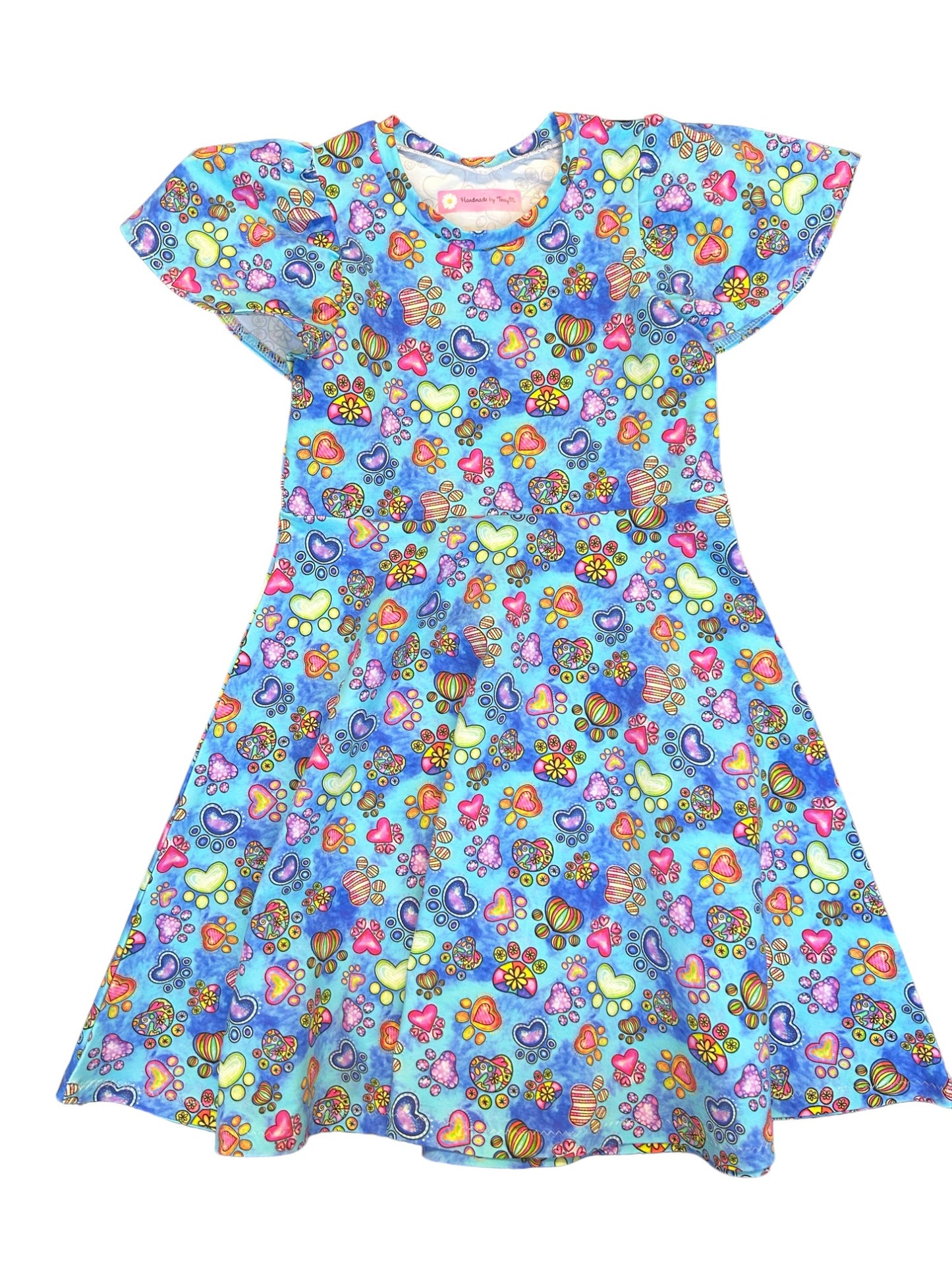 Blue paw print girls dress – size 7.
Handmade animal print skater dress