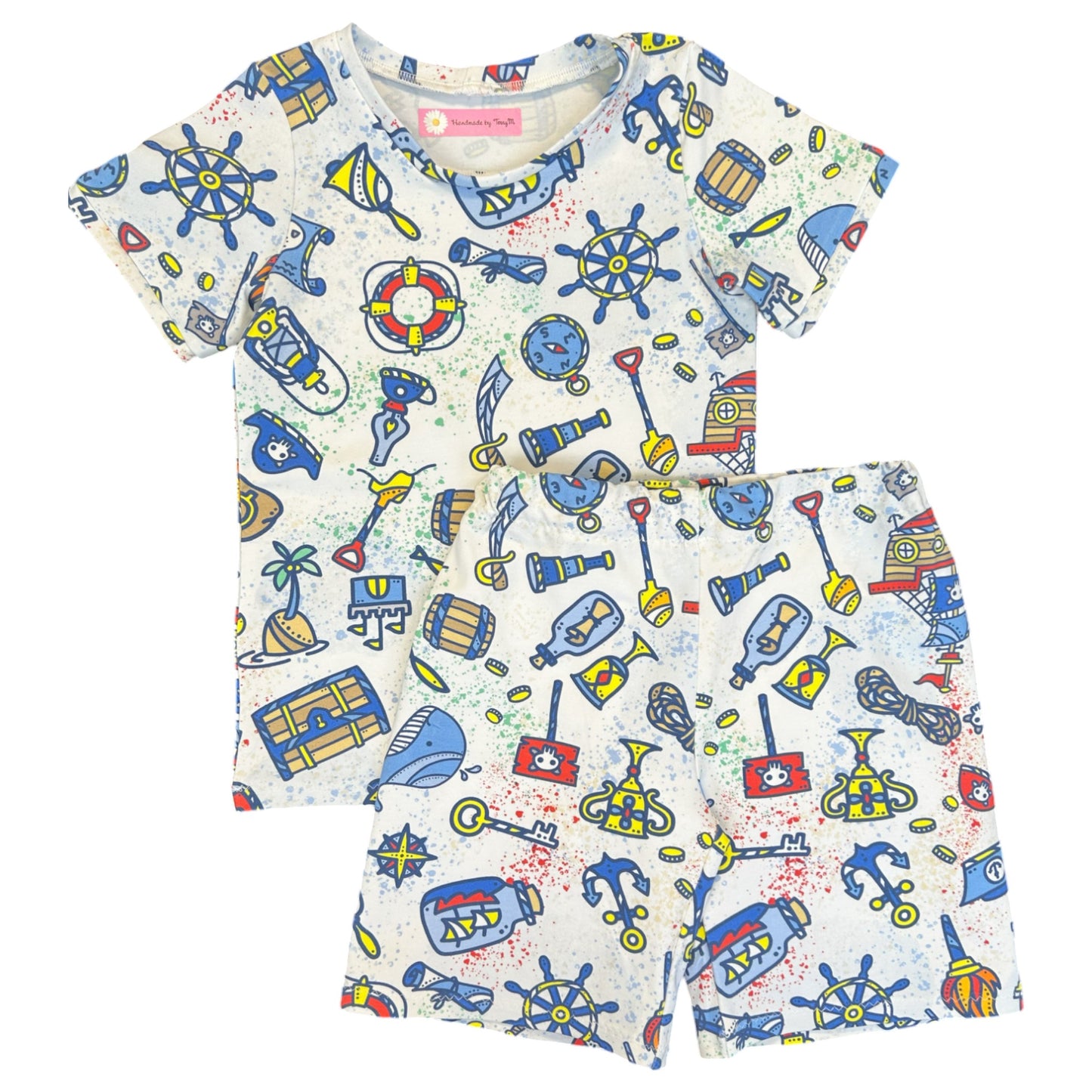 Pirate kids outfit – size 5
Handmade pirate T shirt and shorts set