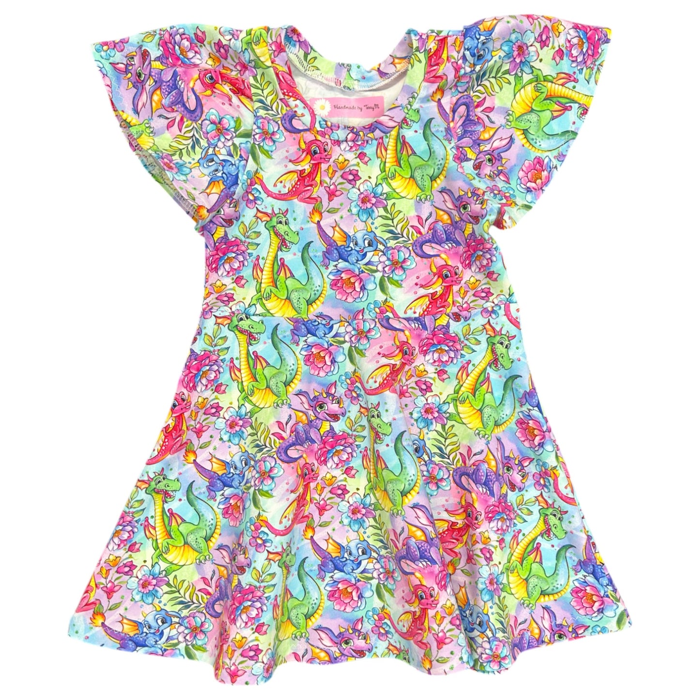 Rainbow dragon girls dress – size 2
Handmade colourful dragon skater dress