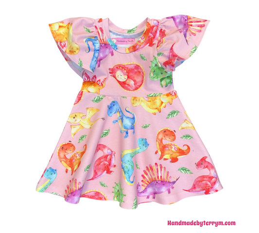 (0442) Colourful Dinosaur Dress (pink background) - Size 1