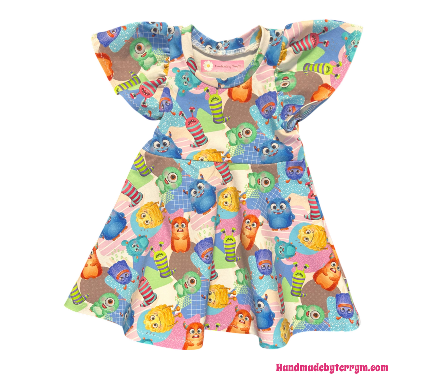 Cute monster baby dress – size 1
Handmade colourful monster skater dress
