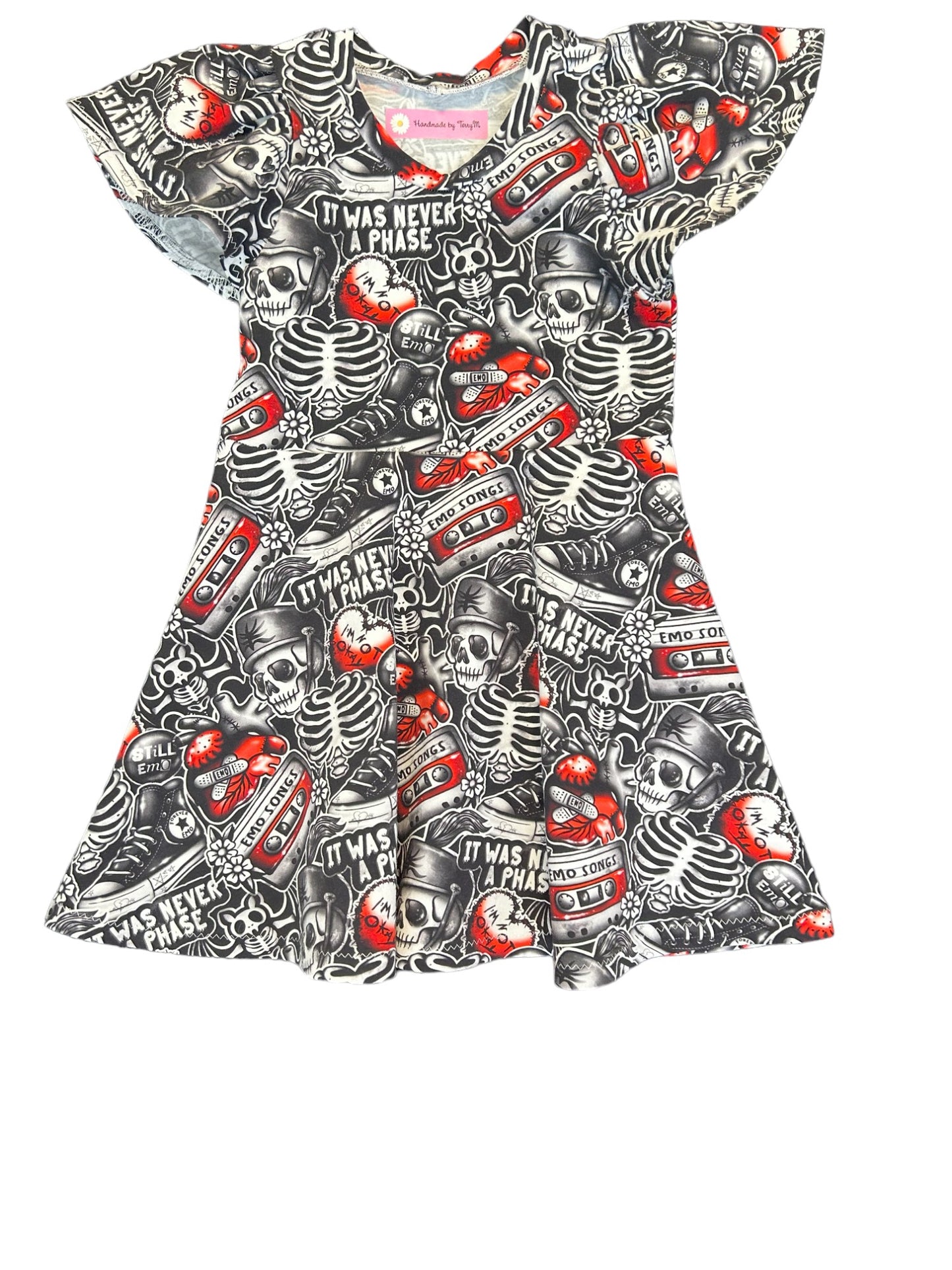 “Black emo print girls dress – size 3”
“Handmade quirky skater dress for kids”