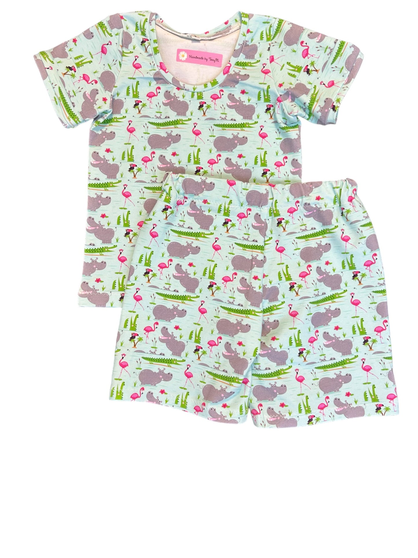“Hippo and flamingo kids outfit – size 3”
“Handmade animal print T shirt and shorts set”
