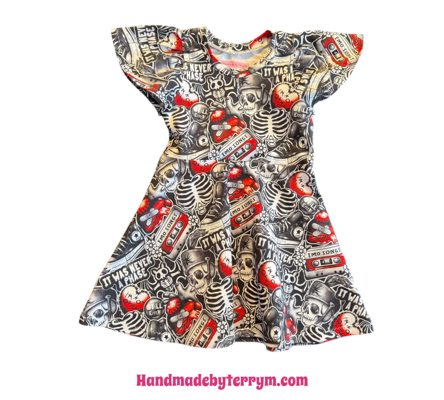 “Black emo print girls dress – size 2”
“Handmade quirky skater dress for kids”