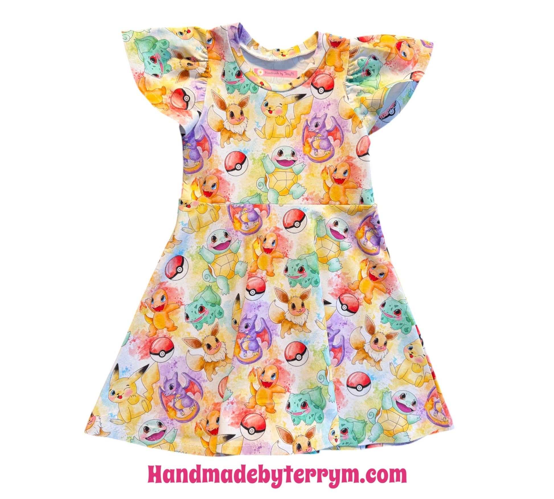 Dress with colorful pokemon pattern on a pale yellow
