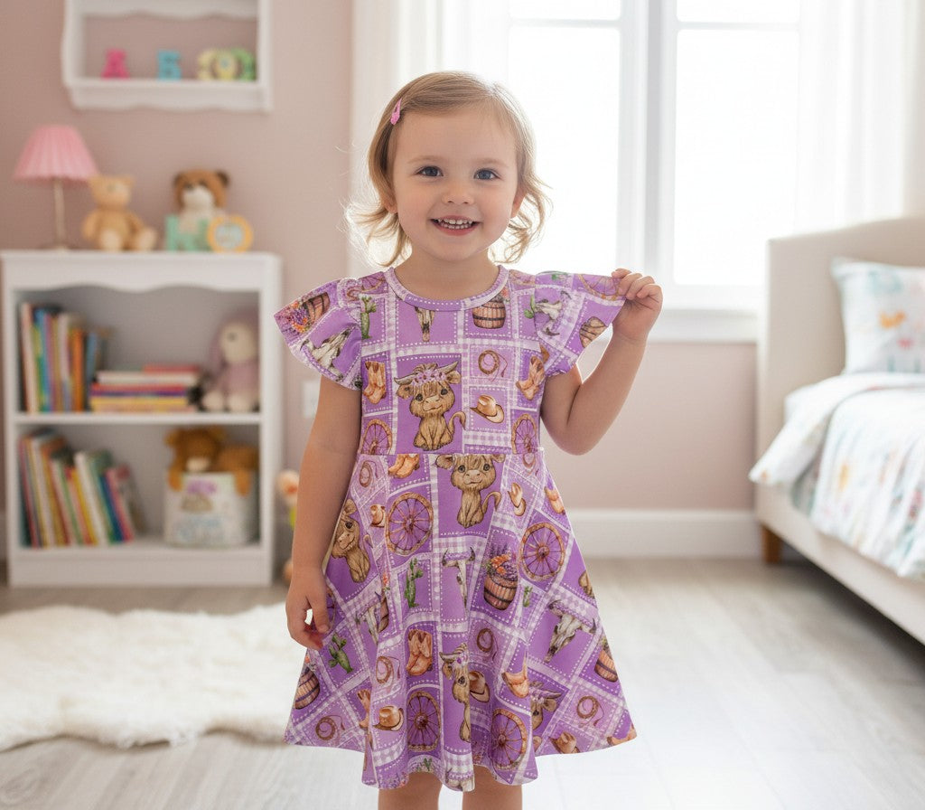(1734) Purple Highland Cow Dress - Size 4