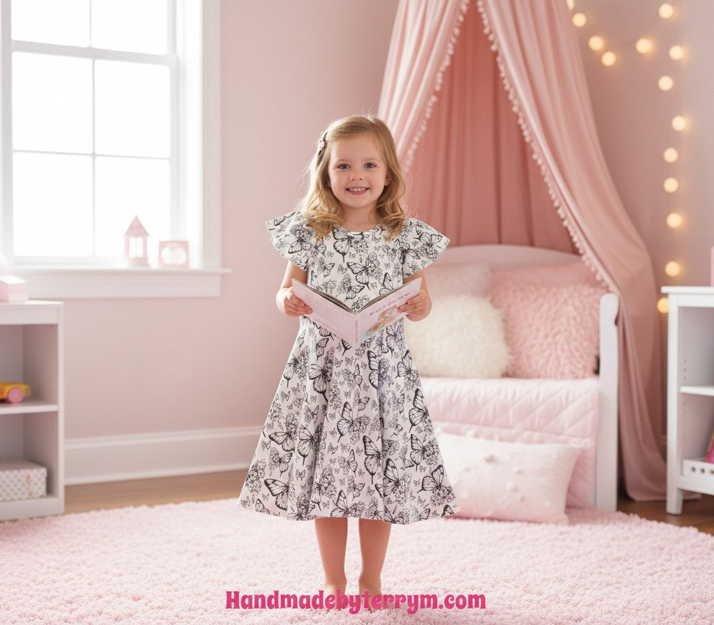 (1745) White & Black Butterfly Dress - Size 7