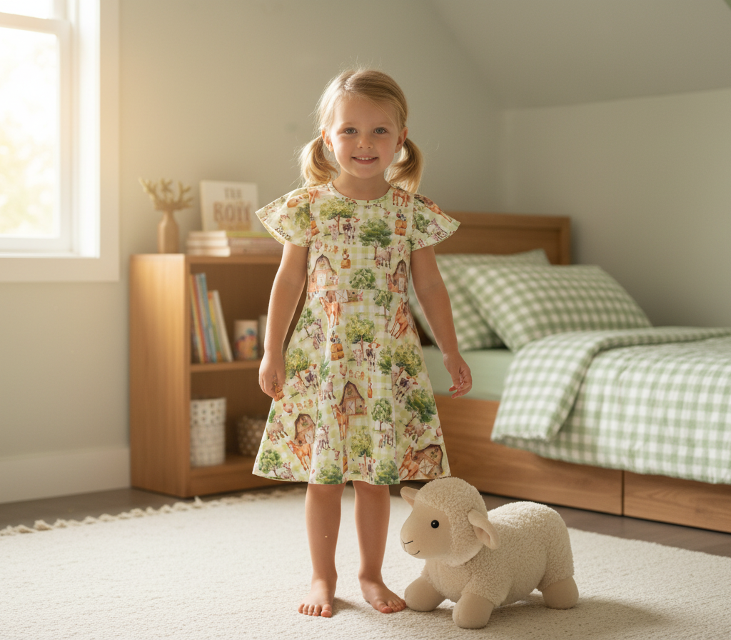 (1758) Green Farm‑Print Flutter Dress - Size 6