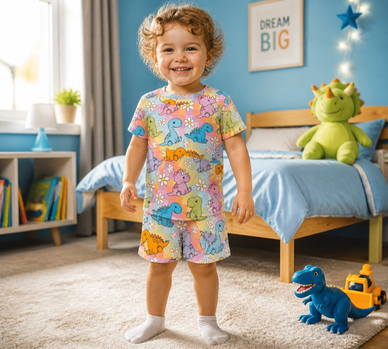 (1798) Colourful Dinosaur T-Shirt & Shorts Set - Size 1