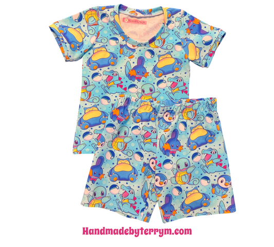 (1794) Cheerful Blue Creature Crew T‑Shirt & Shorts Set – Size 2