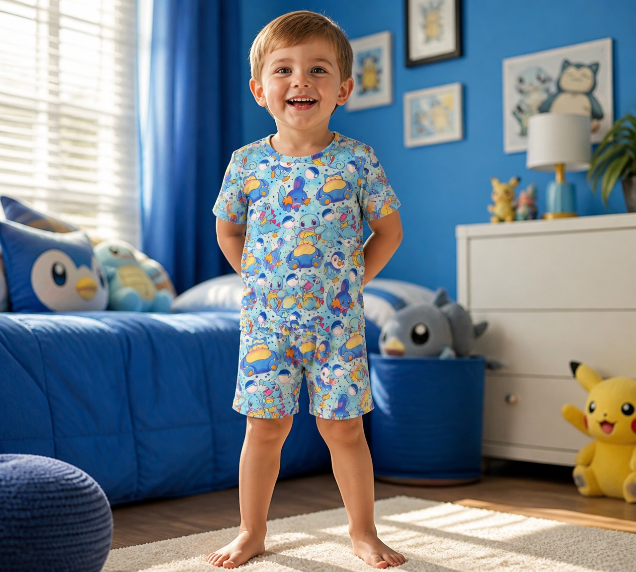 (1794) Cheerful Blue Creature Crew T‑Shirt & Shorts Set – Size 2