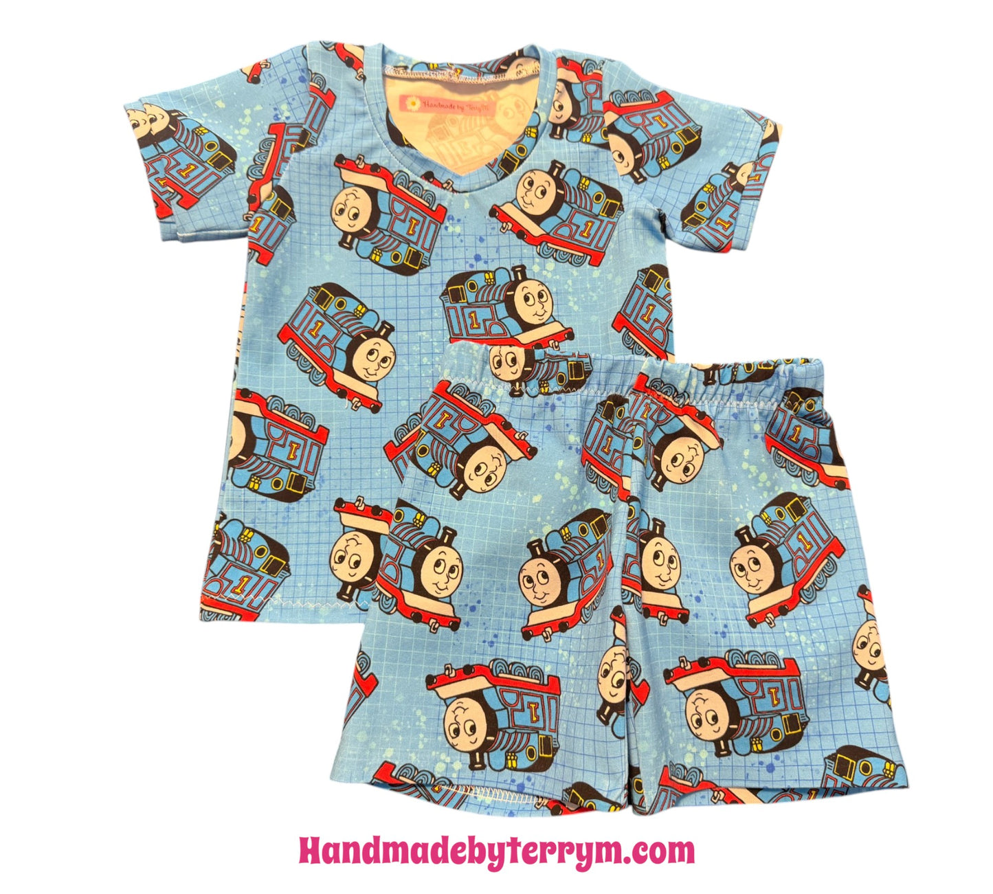 (1809) Blue Train T-Shirt & Shorts Set - Size 1