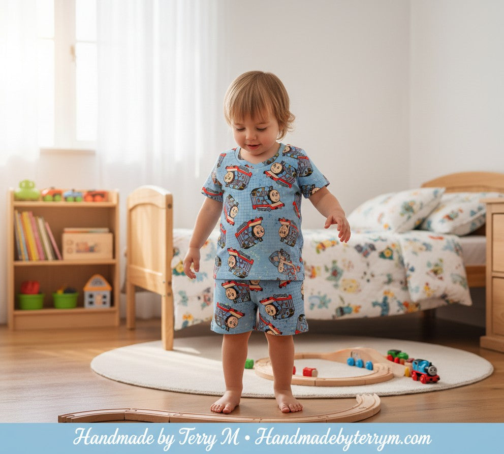 (1809) Blue Train T-Shirt & Shorts Set - Size 1