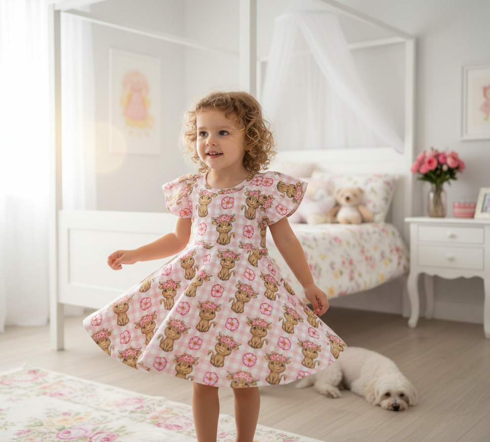 (1829) Cute Cow Flutter Dress – Size 1