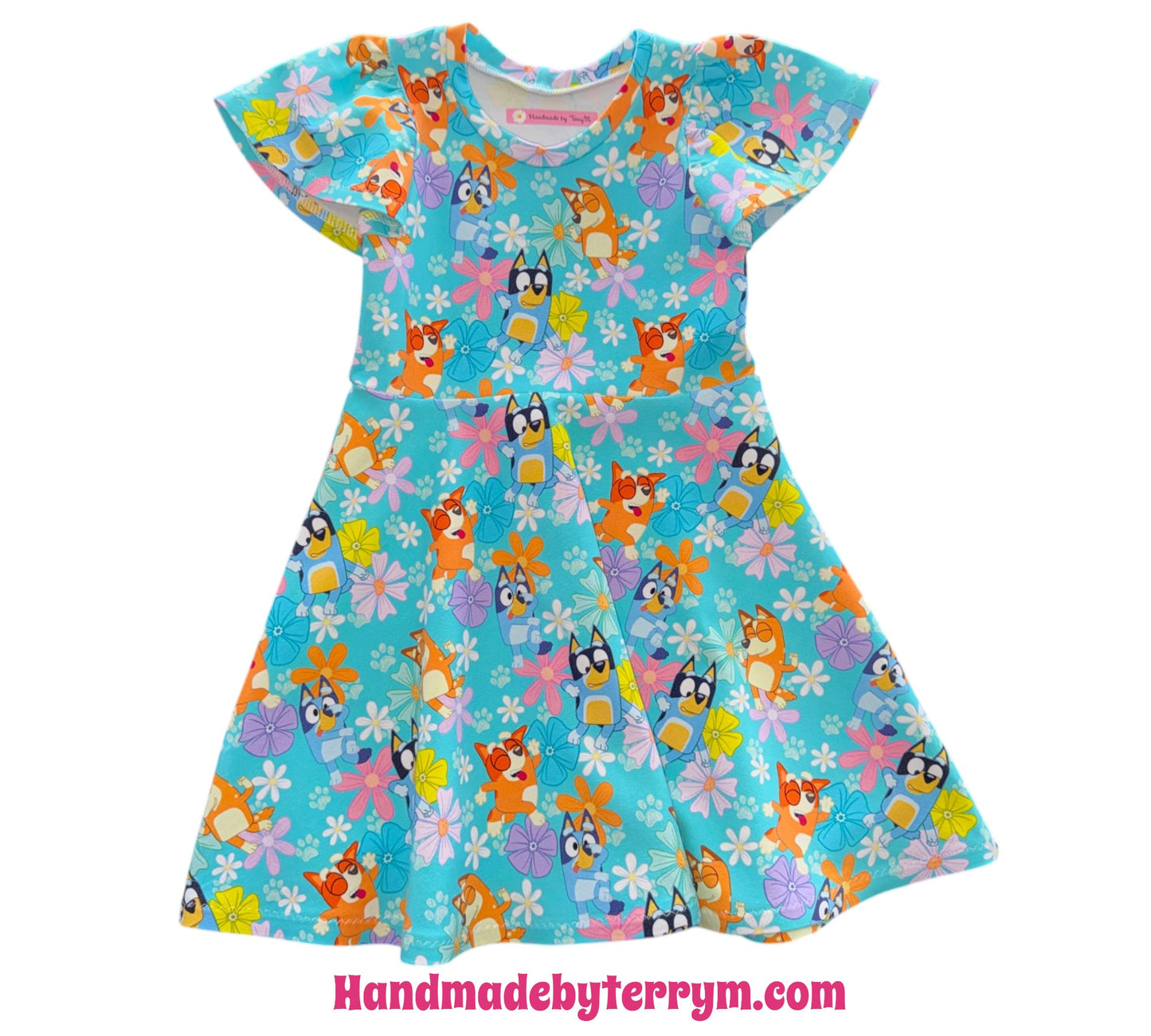 1821 Blue Dog with Coloured Daisies Dress - Size 4