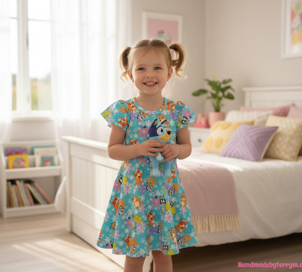 1821 Blue Dog with Coloured Daisies Dress - Size 4