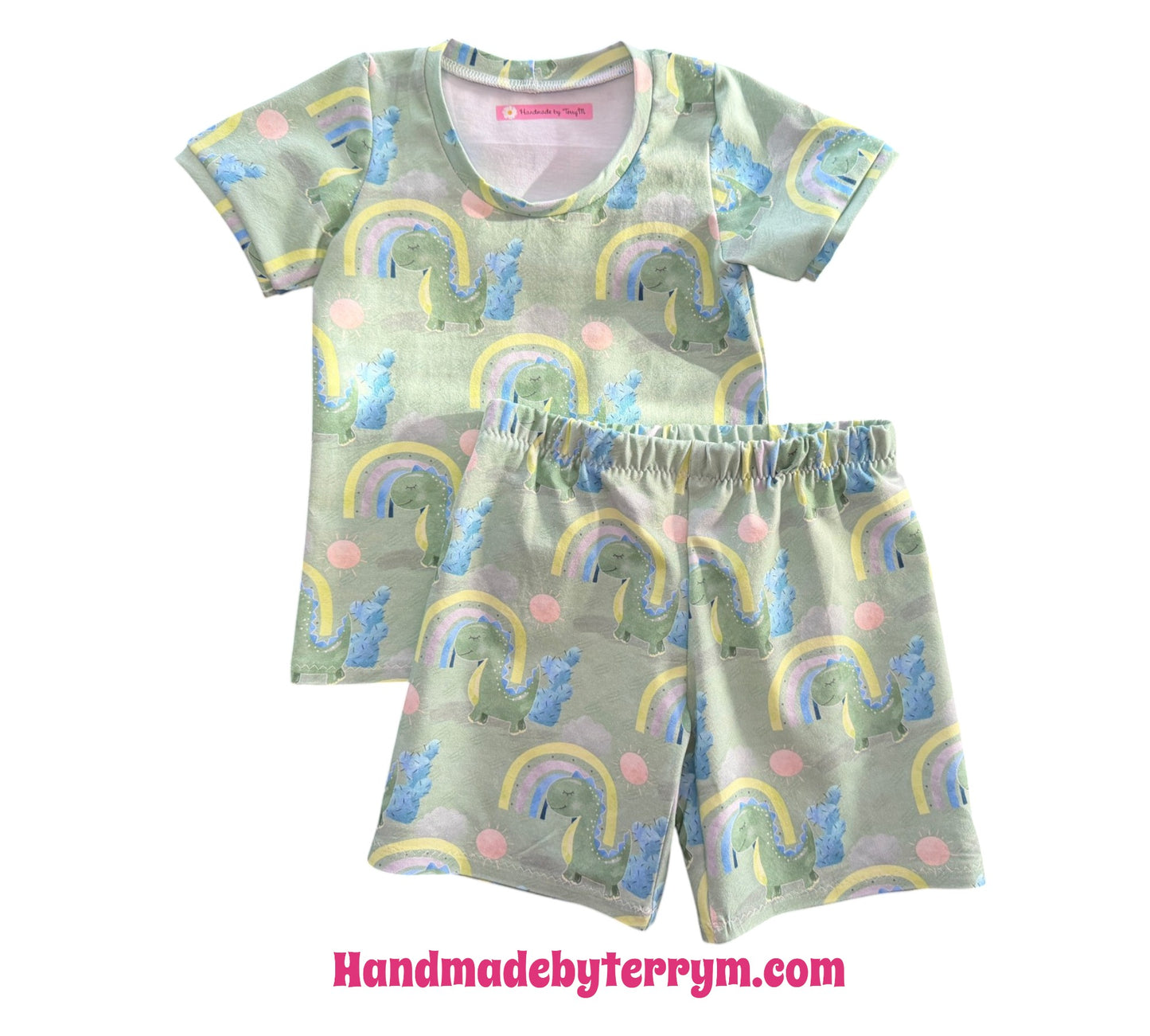 (1856) Green Dino T-Shirt & Shorts Set - Size 3