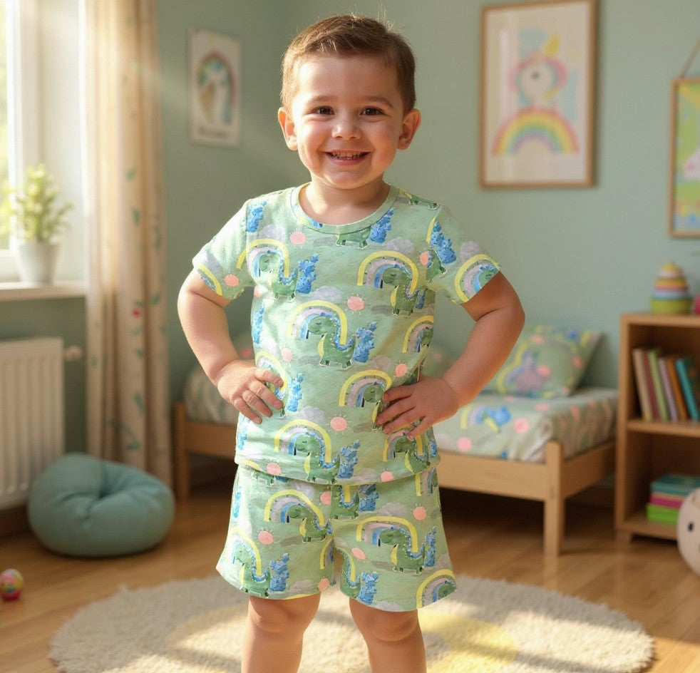 (1856) Green Dino T-Shirt & Shorts Set - Size 3