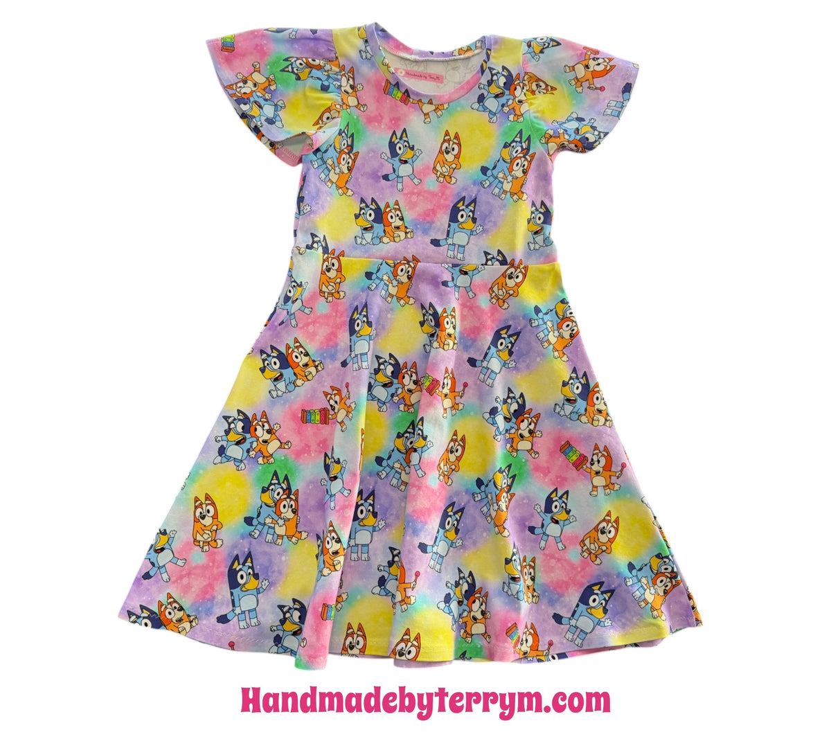 (1880) Rainbow Blue Dog Dress - Size 7