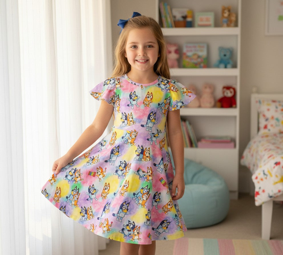 (1880) Rainbow Blue Dog Dress - Size 7