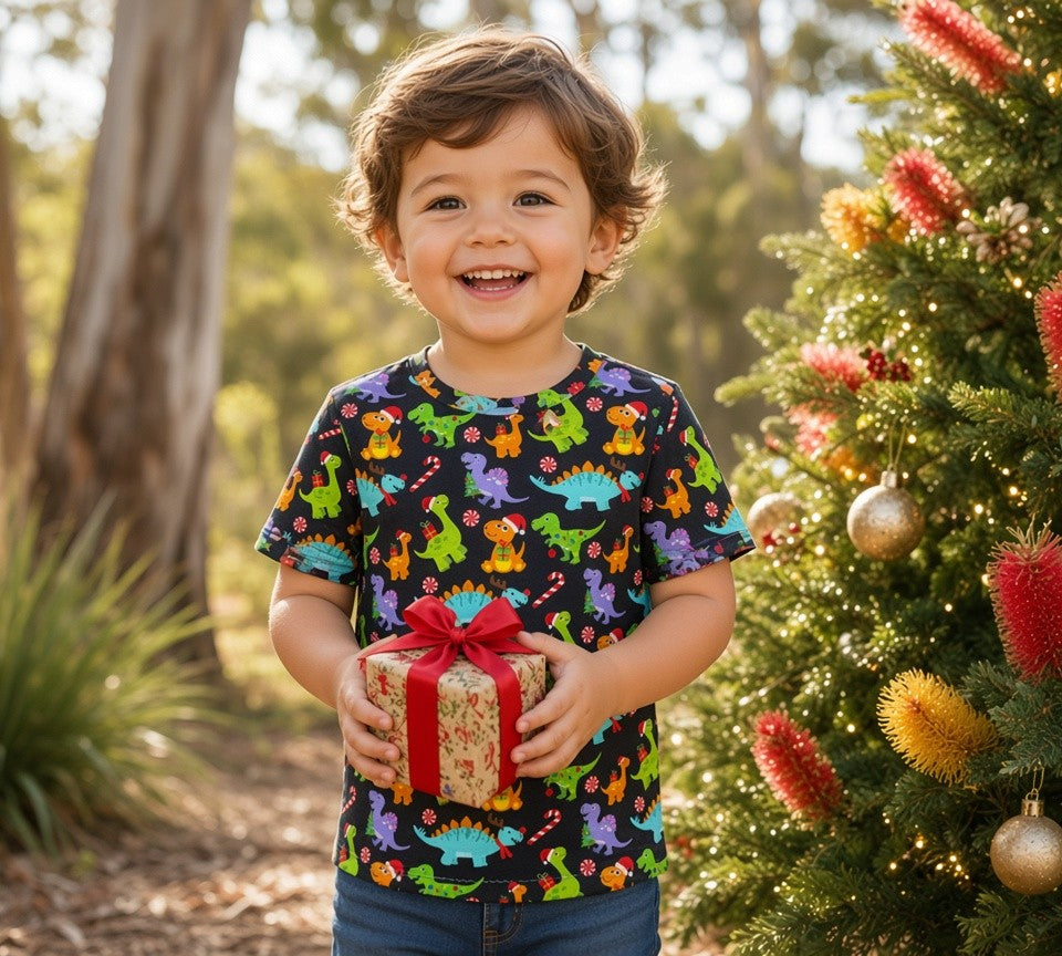 (1835) Xmas Dinosaur T-Shirts - Size 1