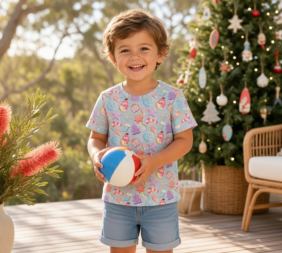 (0157) Blue Snowmen T-Shirt- Size 2