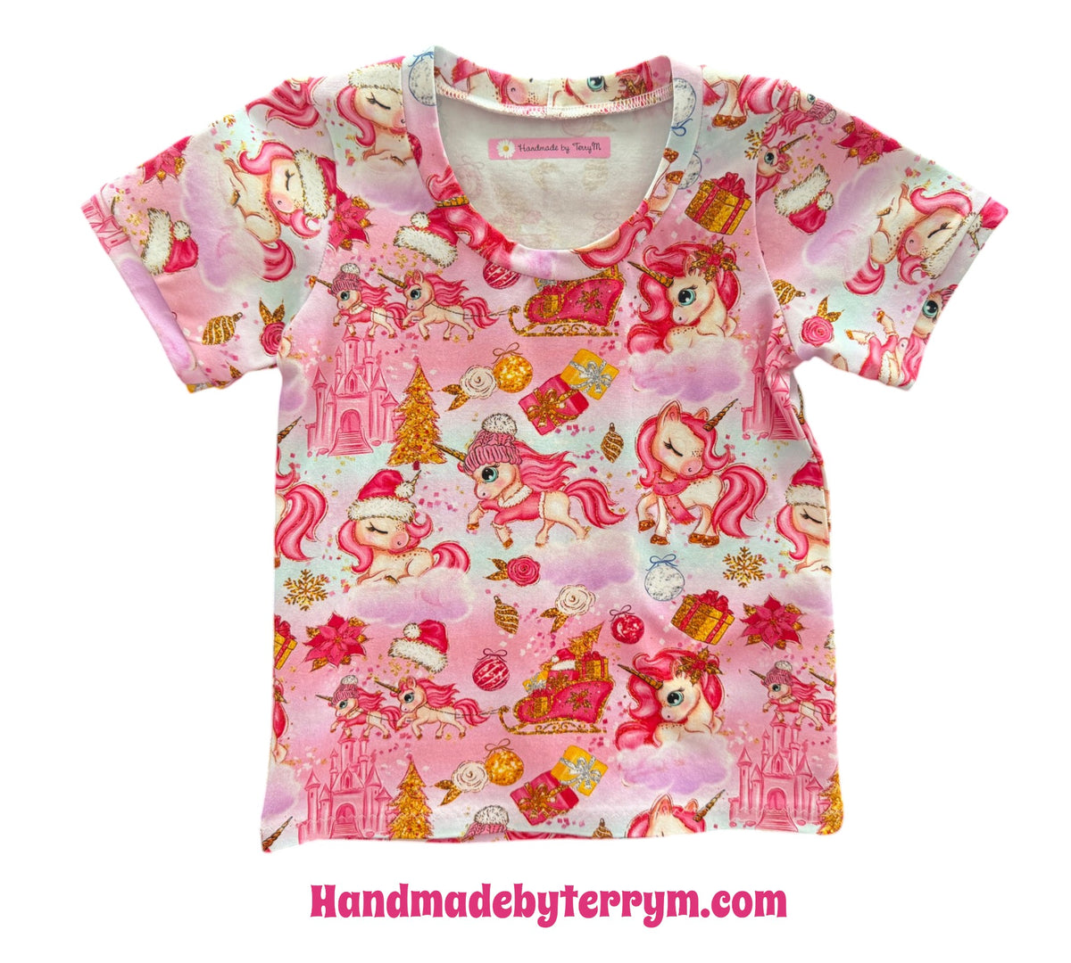 (1215) Pink Unicorn Xmas T-Shirt - Size 3