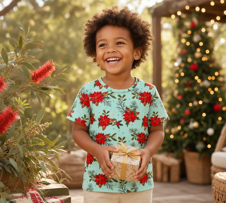 (0662) Red Christmas Flower T-Shirt - Size 4