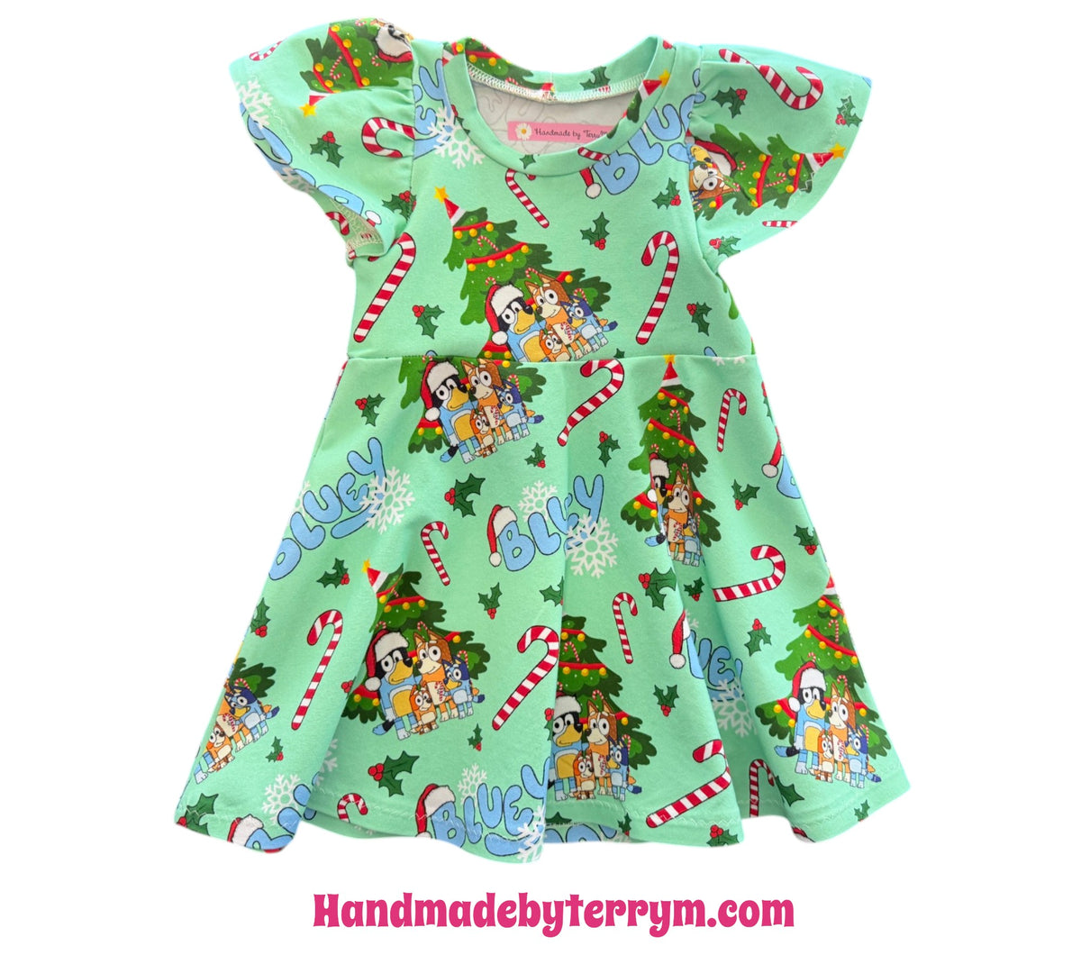 (1925) Green Xmas Blue Dog Dress - Size 1