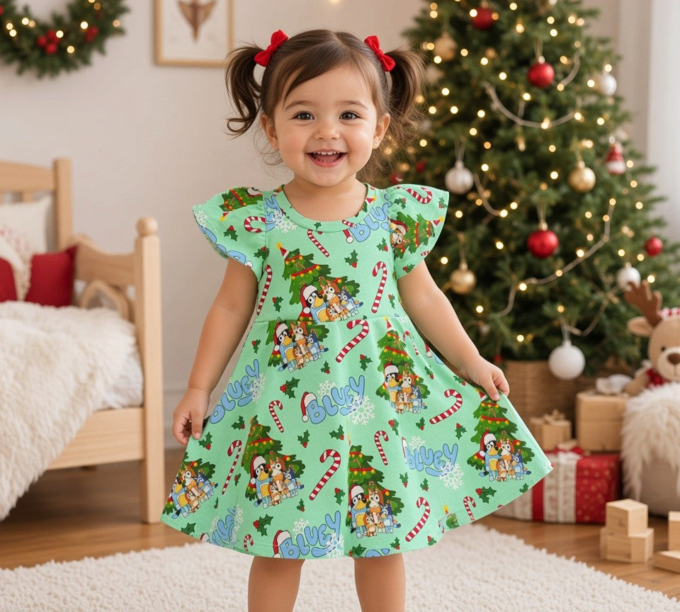 (1925) Green Xmas Blue Dog Dress - Size 1