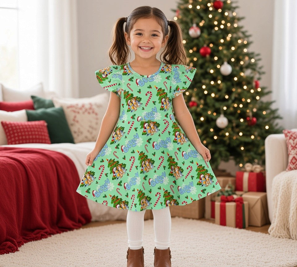 (1927) Green Xmas Blue Dog Dress - Size 5