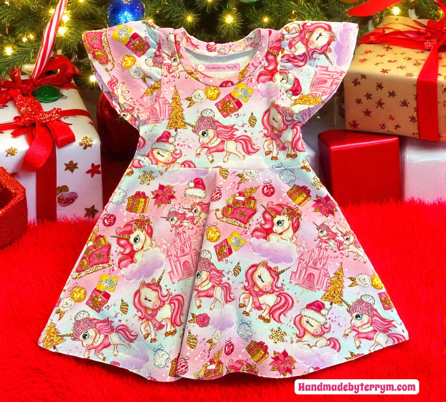 Pink Unicorn Xmas Dress - Size 1