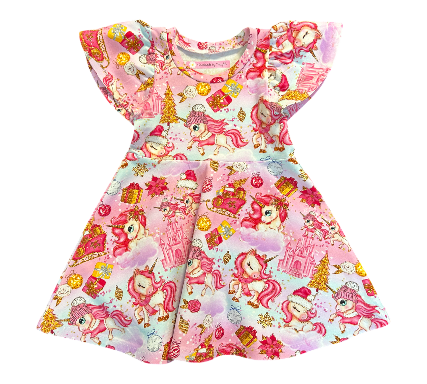 Pink Unicorn Xmas Dress - Size 1