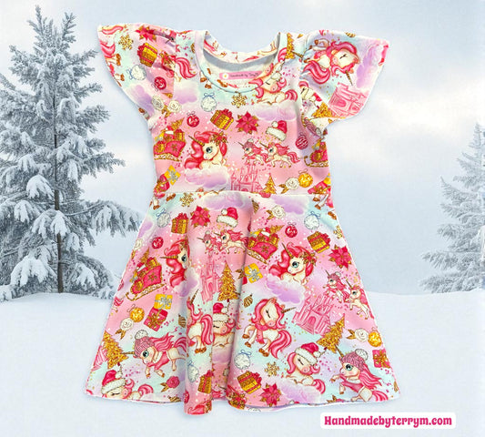 Pink Unicorn Xmas Dress - Size 2