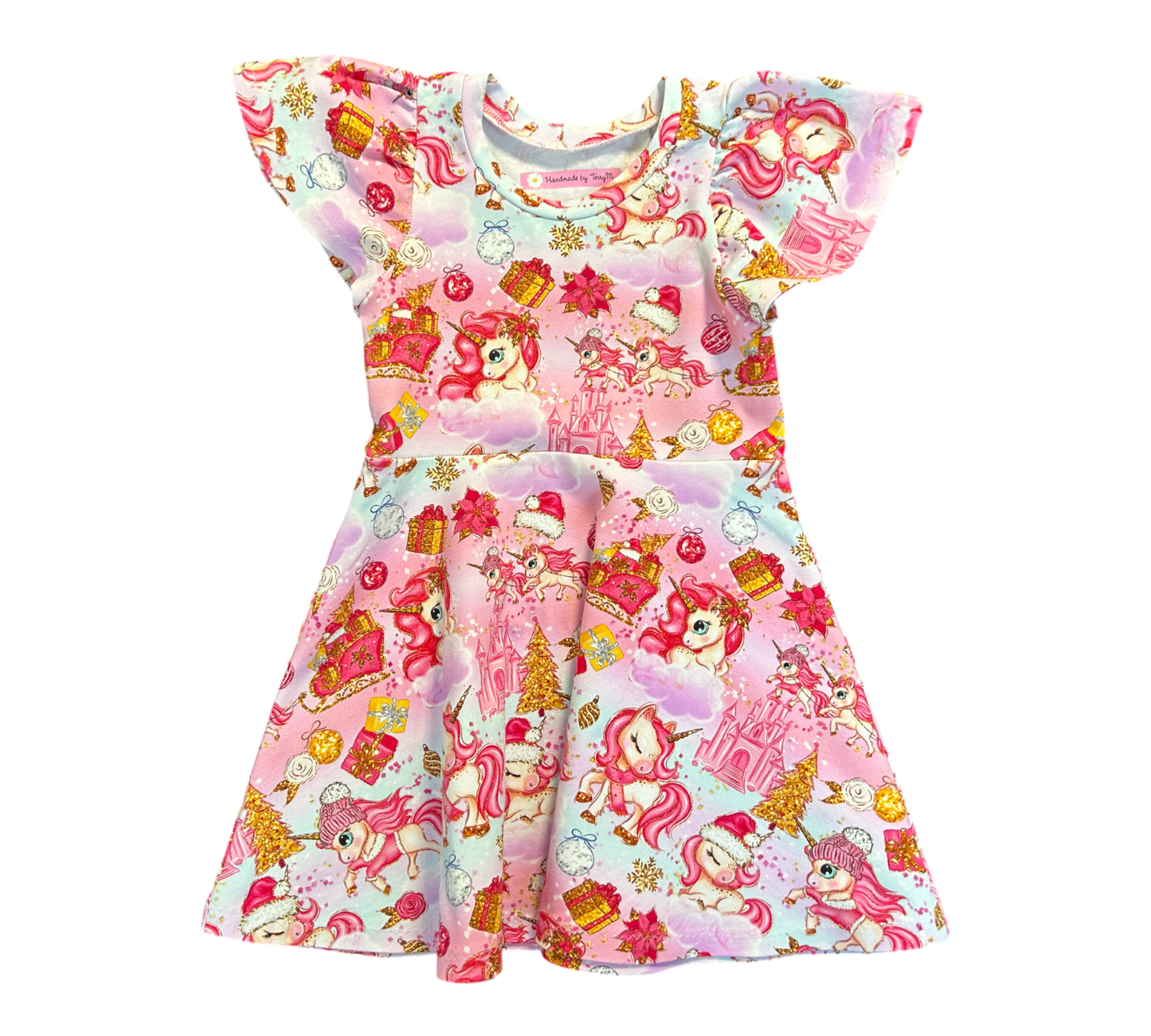 Pink Unicorn Xmas Dress - Size 2