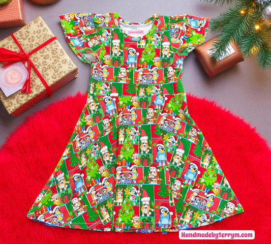 Patchwork Bluey Christmas Dress - Size 4
