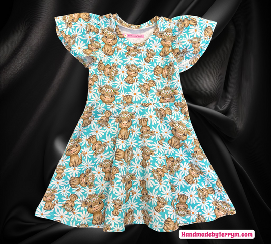 Highland Cow Dress with White Daisies -  Size 3
