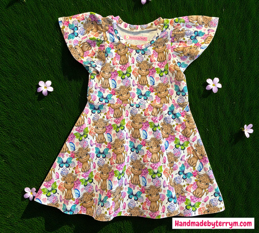 Highland Cows with Butterflies Dress - Size 2