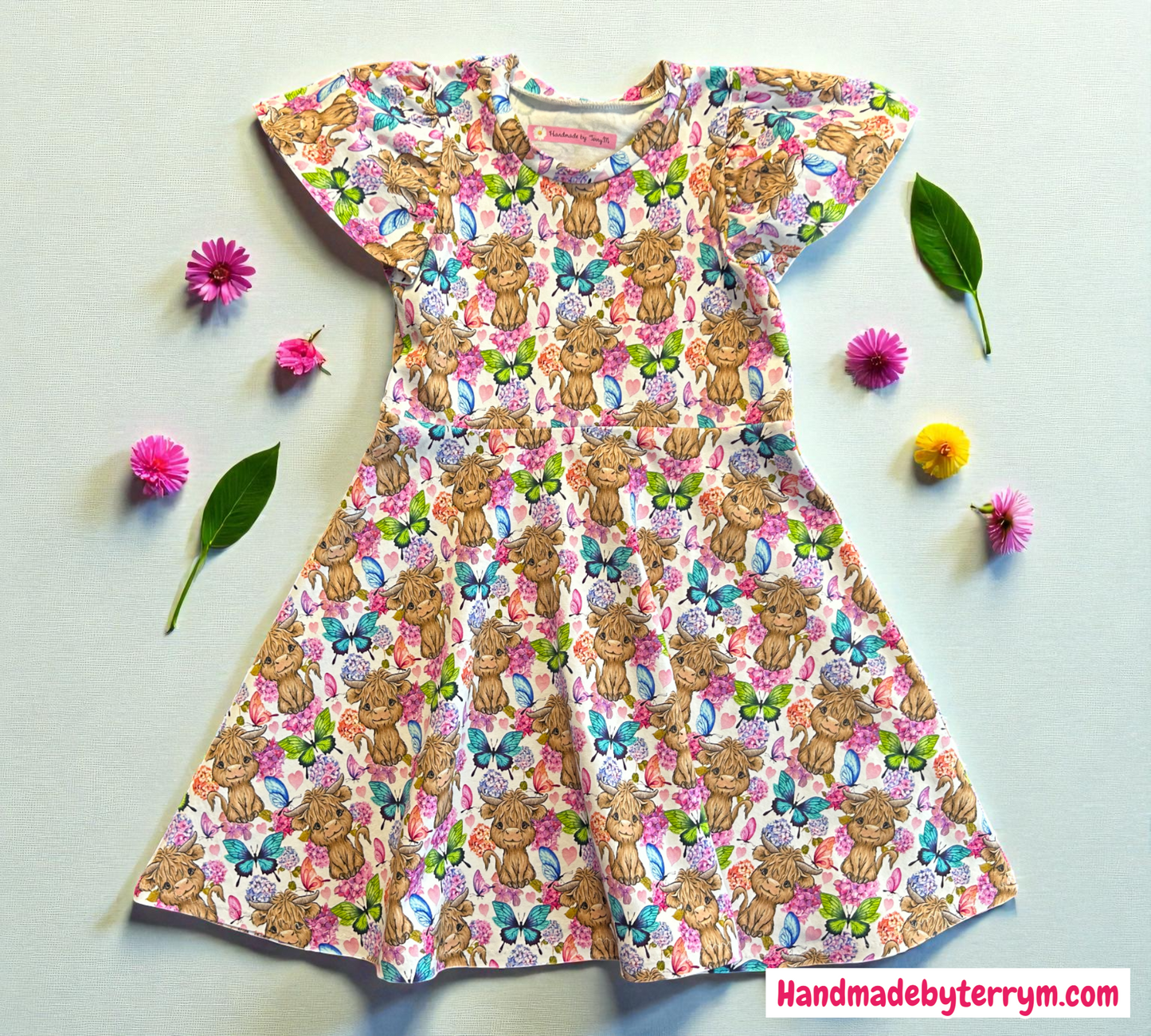 Highland Cow with Butterflies Dress - Size 5