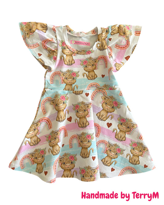 Highland Cow Rainbow Dress - Size 1