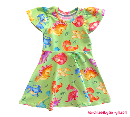 (1461) Colour Dinosaur Dress (green background) - Size 2
