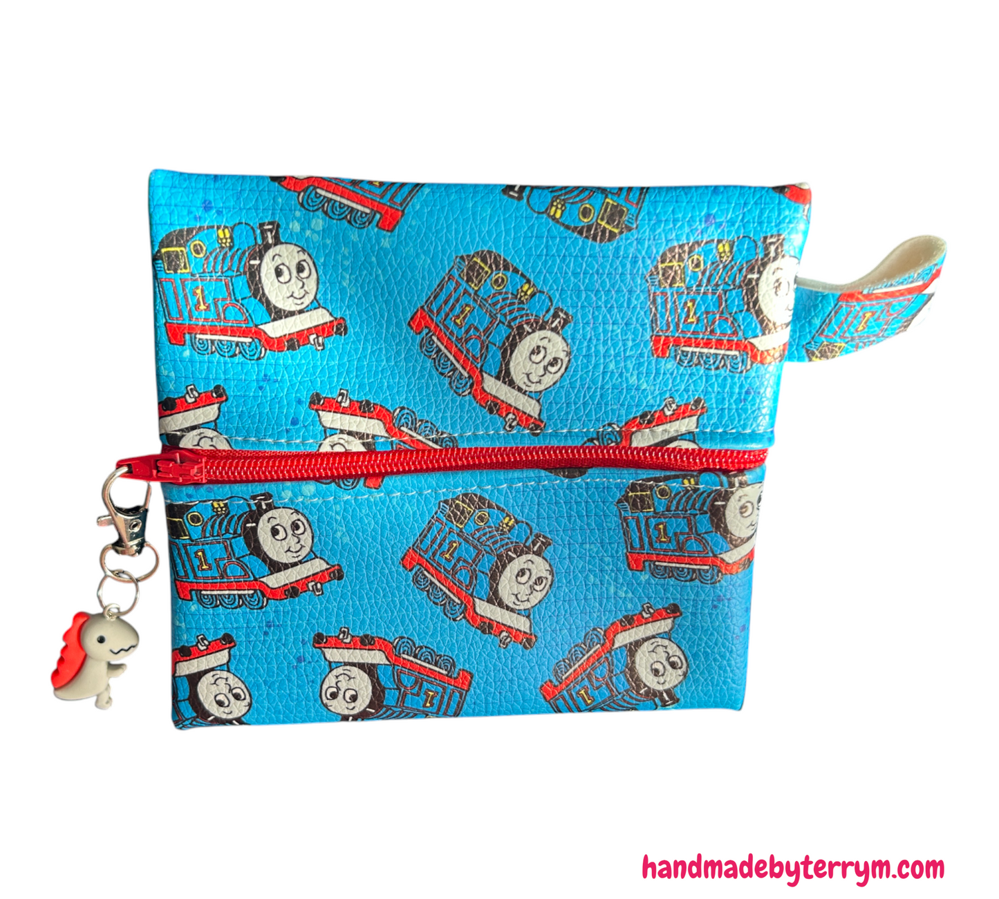 Blue pouch with Thomas the Tank Engine design on a white background